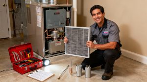 Furnace Repairer Helping Fix a Furnace in a Building