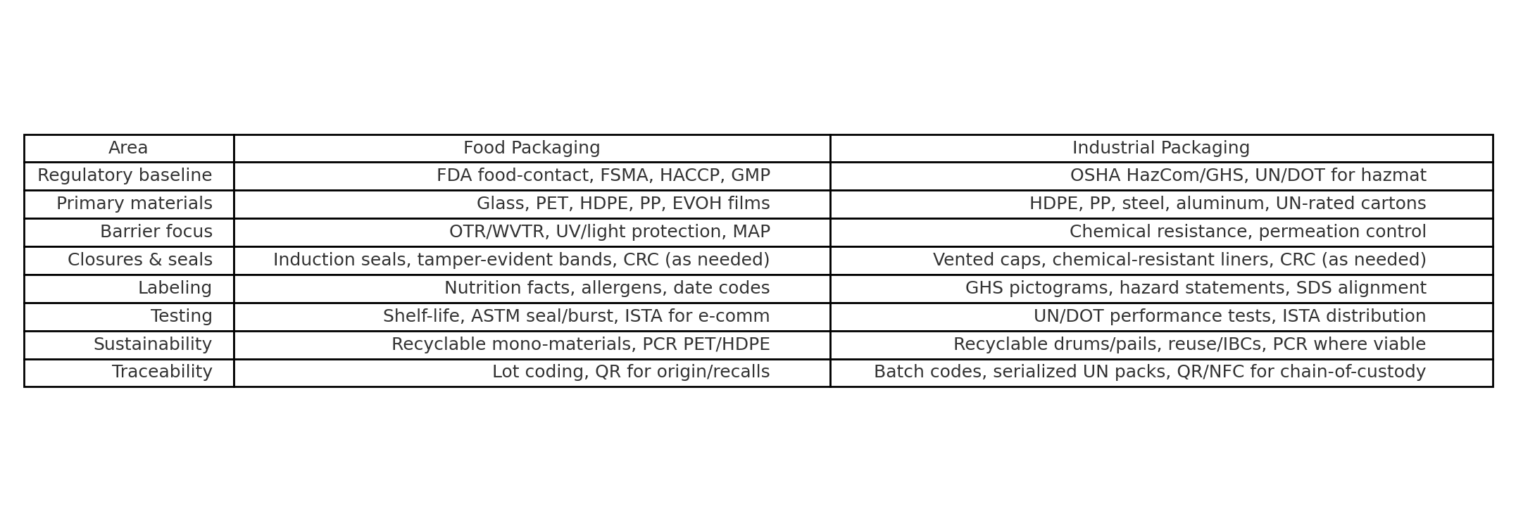 Food vs Industrial Packaging-Compliance & Feature Matrix