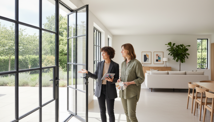 Metal-framed French doors are perfect for modern interiors.